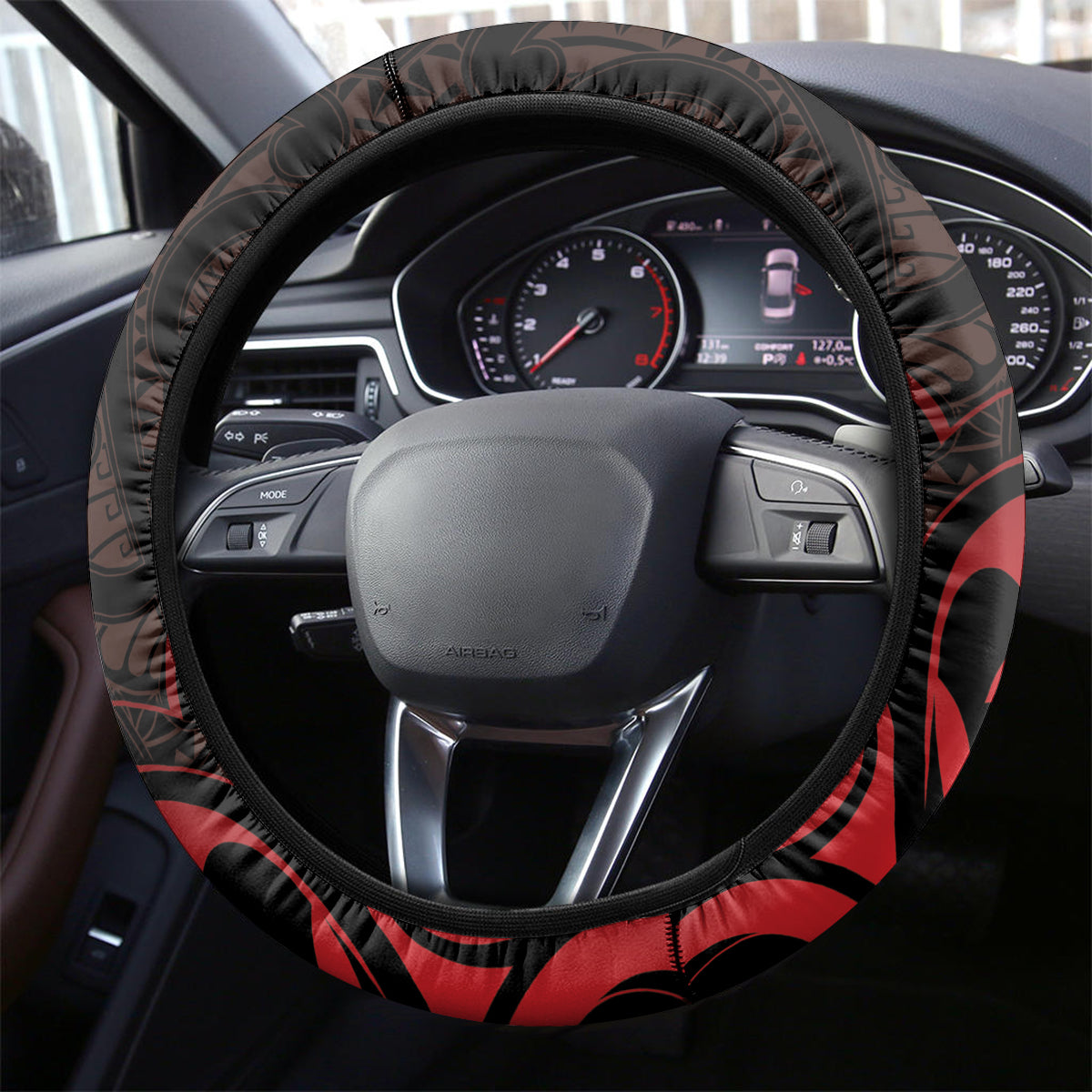 New Zealand Tui Bird Steering Wheel Cover Aotearoa Maori Pattern - Red LT14 - Polynesian Pride