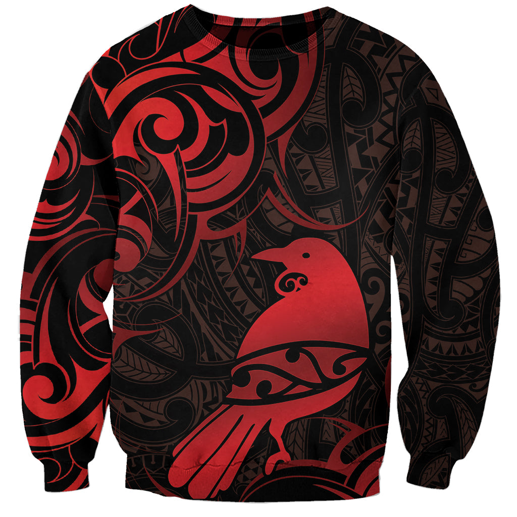New Zealand Tui Bird Sweatshirt Aotearoa Maori Pattern - Red LT14 Unisex Red - Polynesian Pride