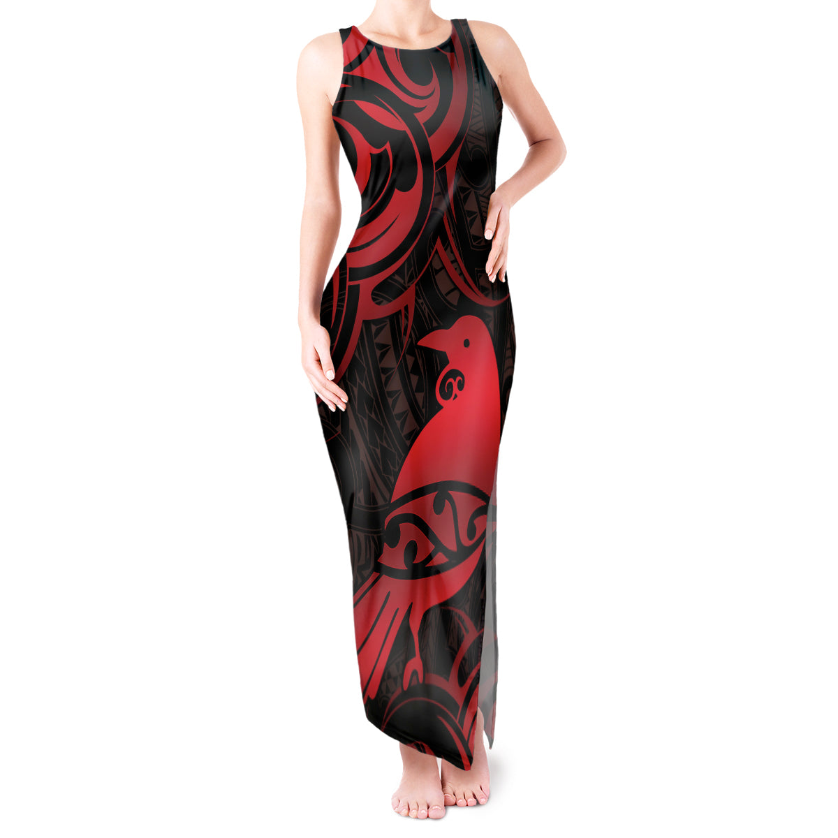 New Zealand Tui Bird Tank Maxi Dress Aotearoa Maori Pattern - Red