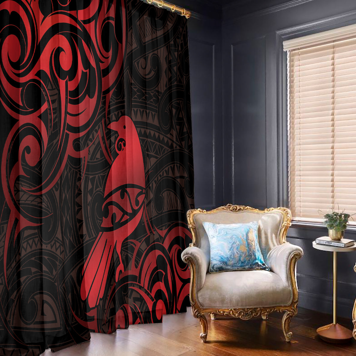 New Zealand Tui Bird Window Curtain Aotearoa Maori Pattern - Red LT14 - Polynesian Pride