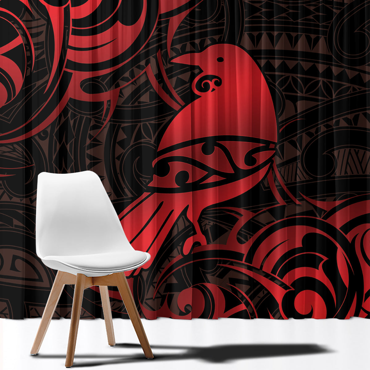 New Zealand Tui Bird Window Curtain Aotearoa Maori Pattern - Red LT14 - Polynesian Pride