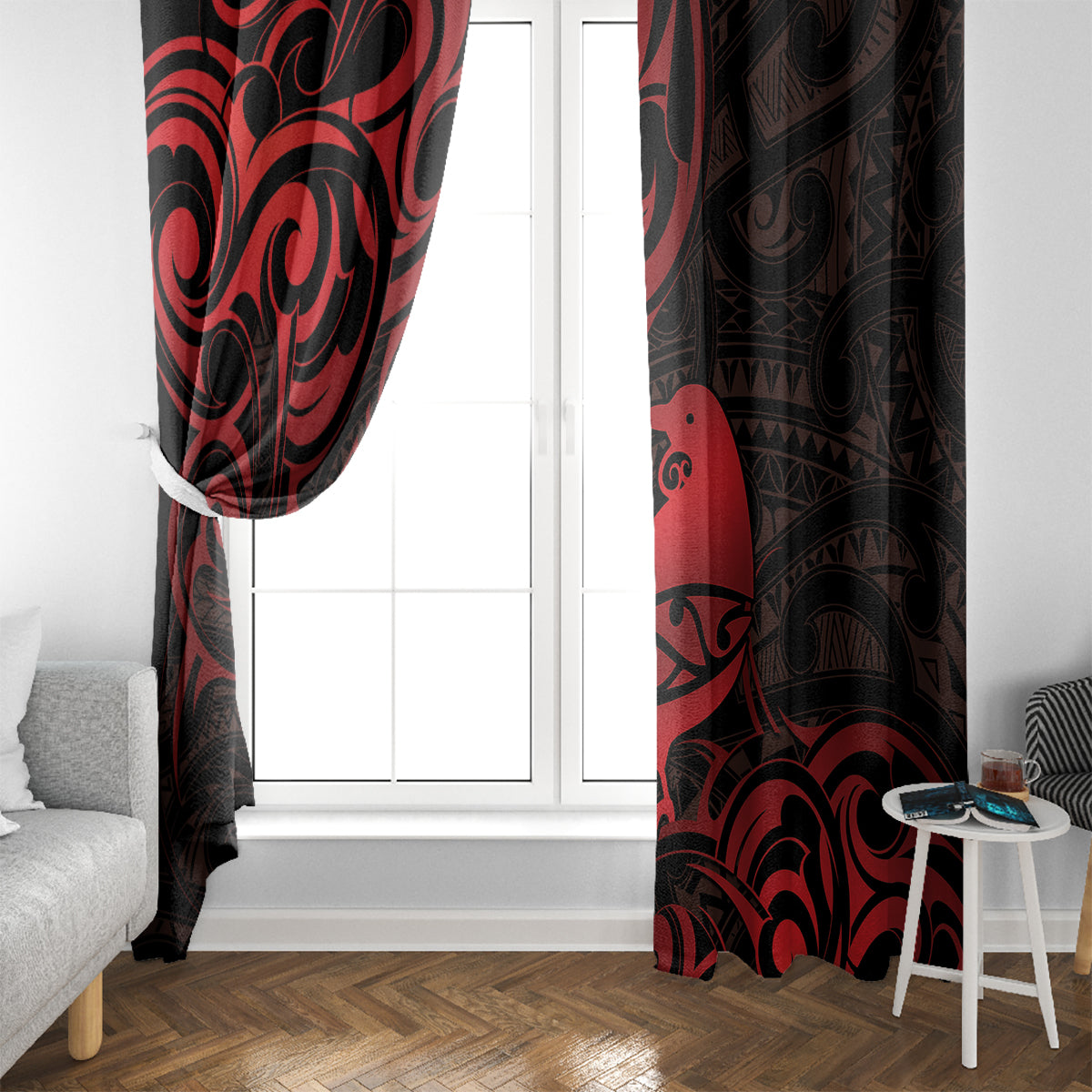New Zealand Tui Bird Window Curtain Aotearoa Maori Pattern - Red LT14 - Polynesian Pride