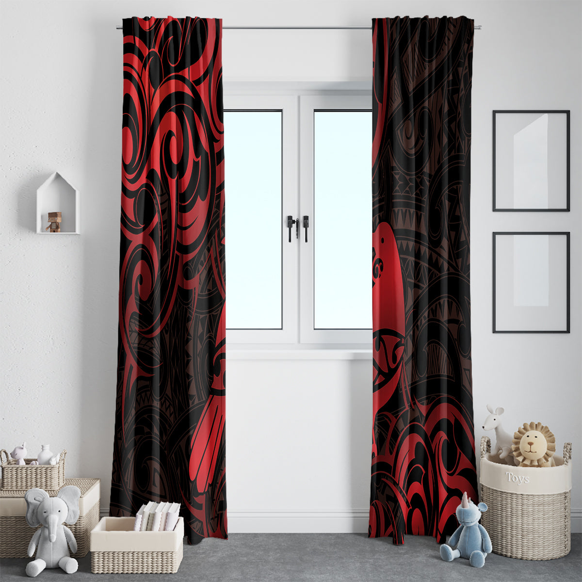 New Zealand Tui Bird Window Curtain Aotearoa Maori Pattern - Red LT14 - Polynesian Pride