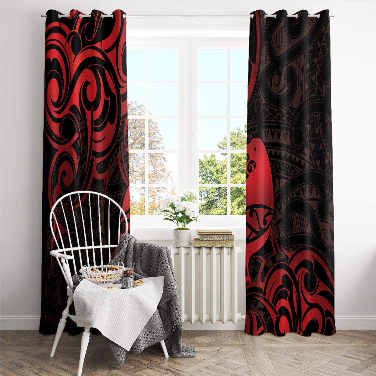New Zealand Tui Bird Window Curtain Aotearoa Maori Pattern - Red LT14 - Polynesian Pride