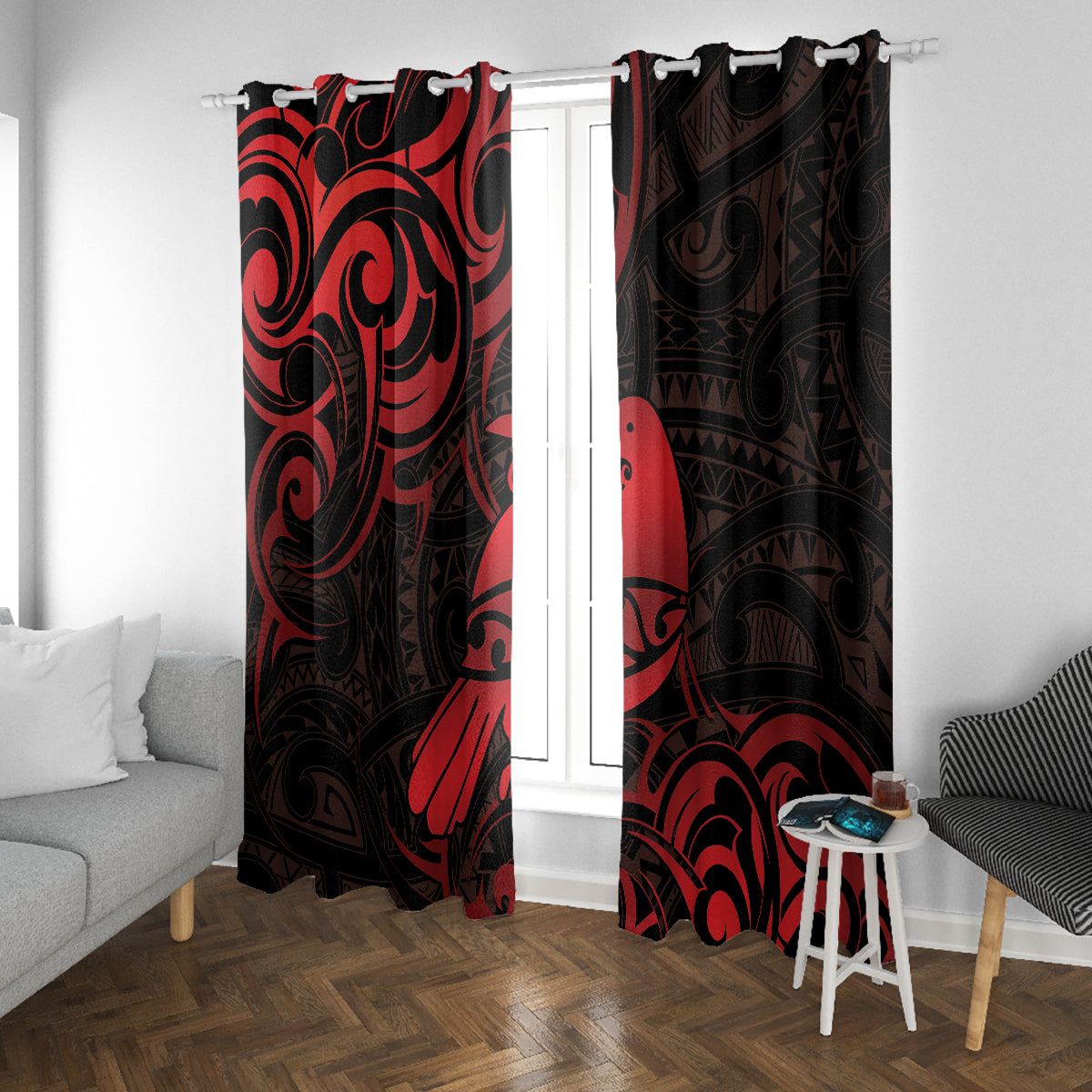 New Zealand Tui Bird Window Curtain Aotearoa Maori Pattern - Red LT14 With Grommets Red - Polynesian Pride