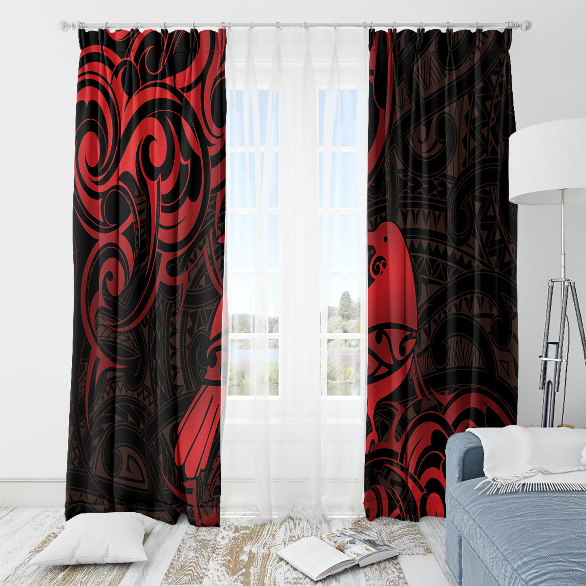 New Zealand Tui Bird Window Curtain Aotearoa Maori Pattern - Red LT14 - Polynesian Pride