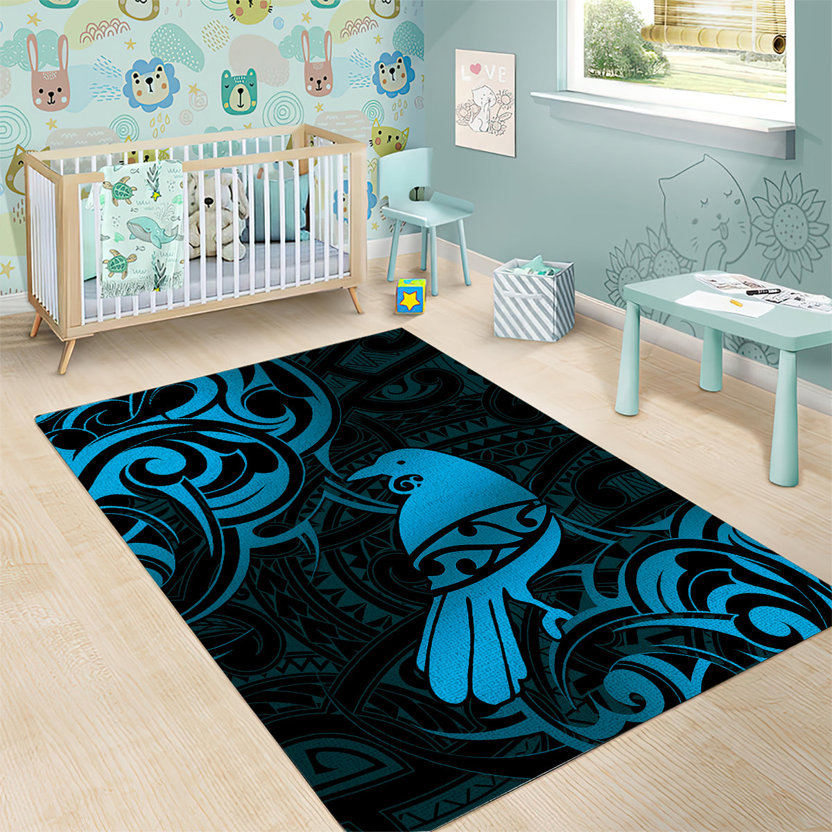 New Zealand Tui Bird Area Rug Aotearoa Maori Pattern - Blue