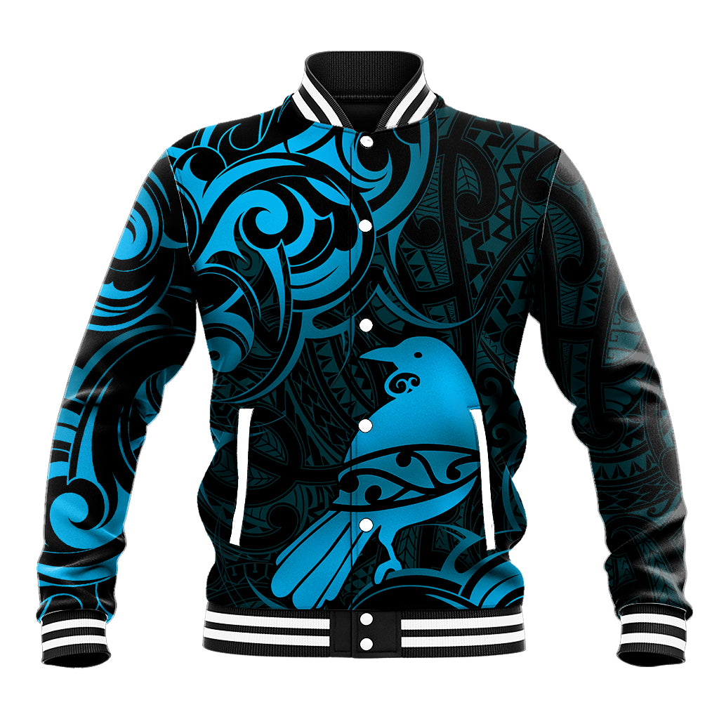 New Zealand Tui Bird Baseball Jacket Aotearoa Maori Pattern - Blue LT14 Unisex Blue - Polynesian Pride