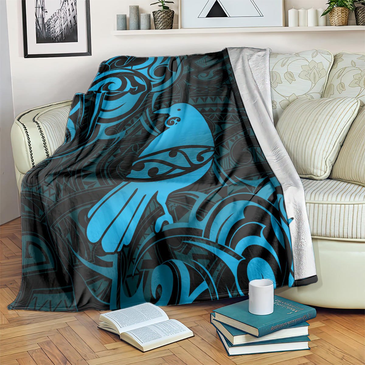 New Zealand Tui Bird Blanket Aotearoa Maori Pattern - Blue