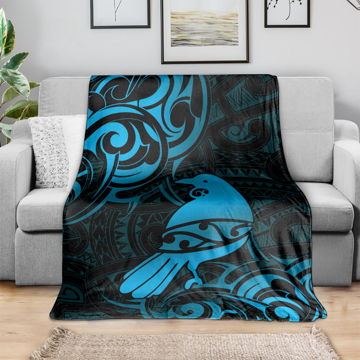 New Zealand Tui Bird Blanket Aotearoa Maori Pattern - Blue LT14 - Polynesian Pride