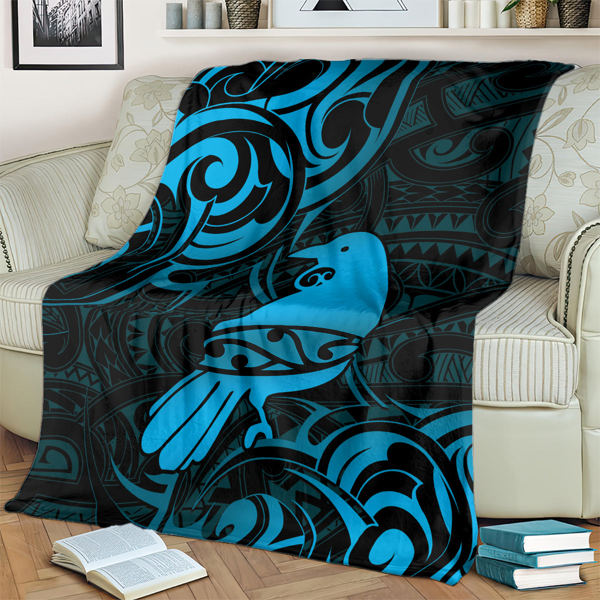 New Zealand Tui Bird Blanket Aotearoa Maori Pattern - Blue LT14 - Polynesian Pride