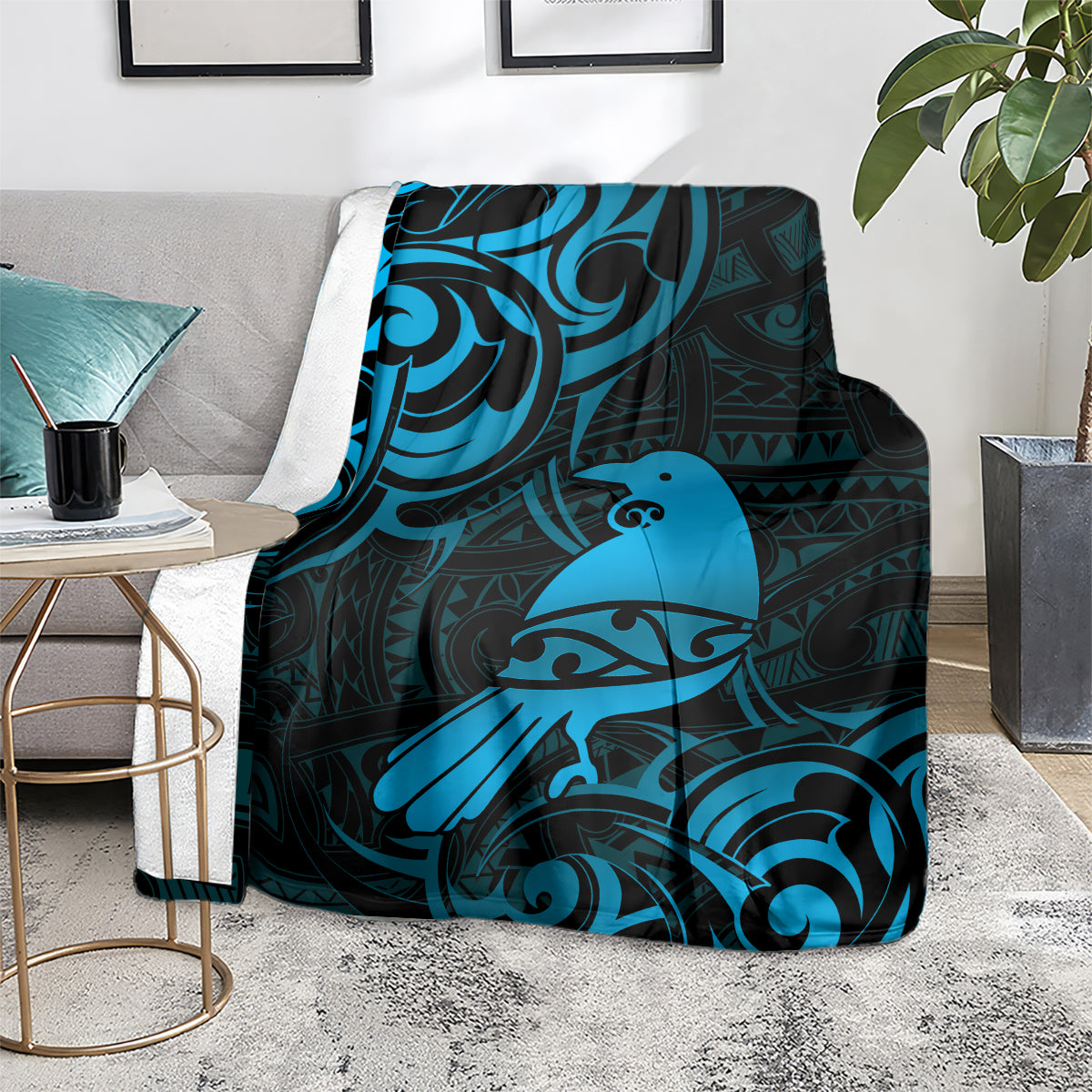 New Zealand Tui Bird Blanket Aotearoa Maori Pattern - Blue LT14 - Polynesian Pride