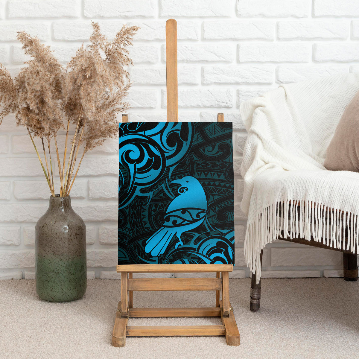 New Zealand Tui Bird Canvas Wall Art Aotearoa Maori Pattern - Blue LT14 - Polynesian Pride