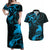 New Zealand Tui Bird Couples Matching Off Shoulder Maxi Dress and Hawaiian Shirt Aotearoa Maori Pattern - Blue