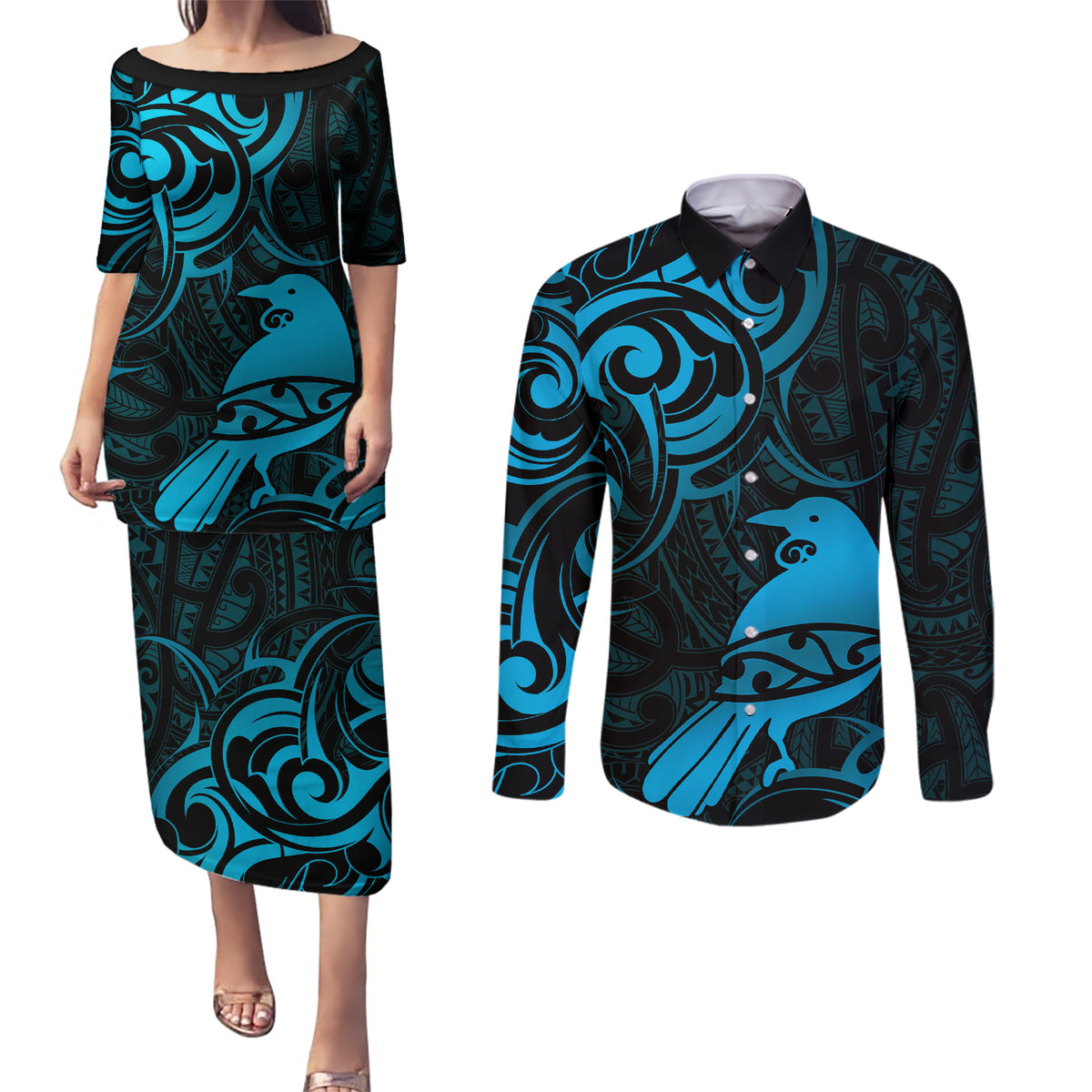 New Zealand Tui Bird Couples Matching Puletasi and Long Sleeve Button Shirt Aotearoa Maori Pattern - Blue LT14 Blue - Polynesian Pride