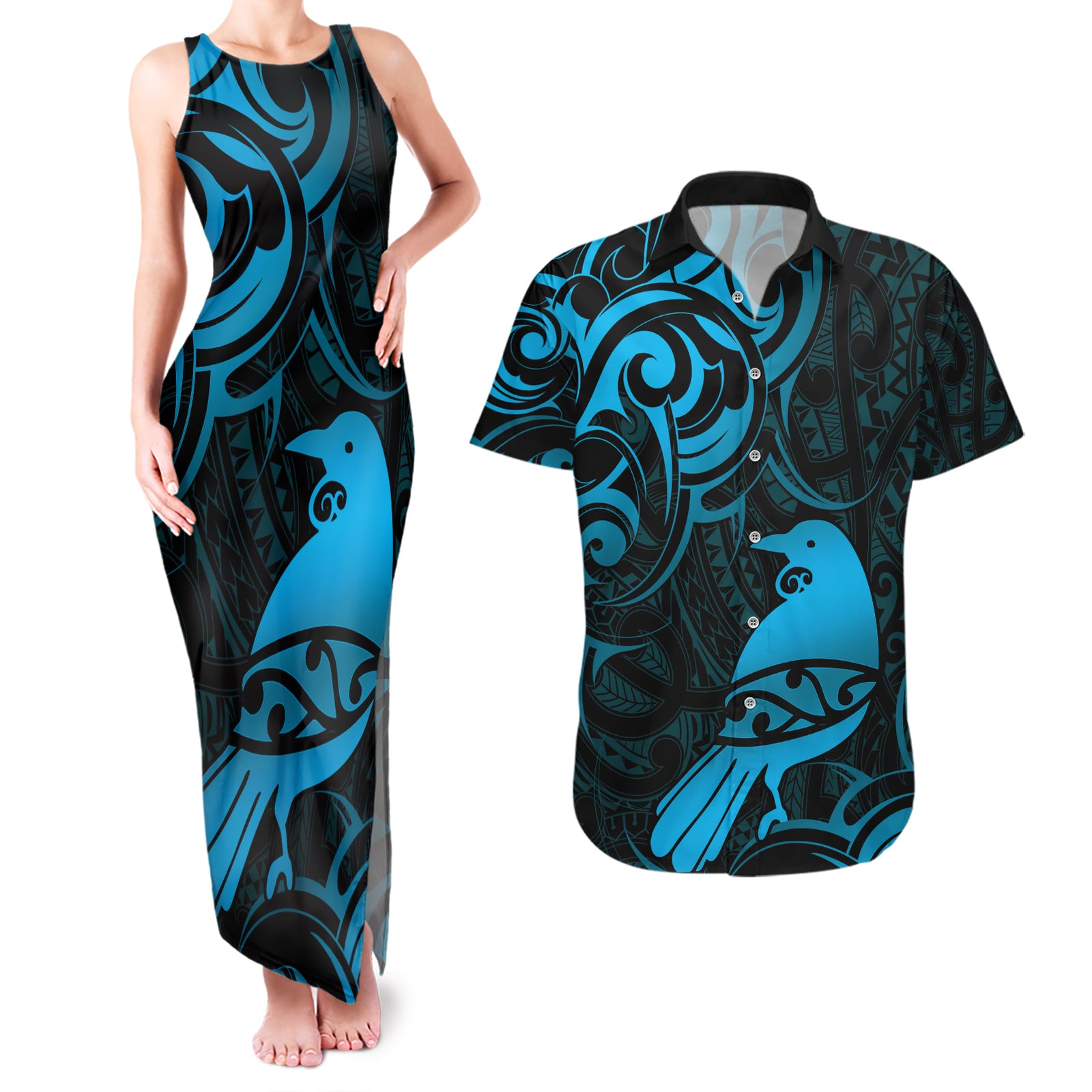 New Zealand Tui Bird Couples Matching Tank Maxi Dress and Hawaiian Shirt Aotearoa Maori Pattern - Blue LT14 Blue - Polynesian Pride