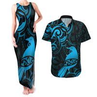 New Zealand Tui Bird Couples Matching Tank Maxi Dress and Hawaiian Shirt Aotearoa Maori Pattern - Blue