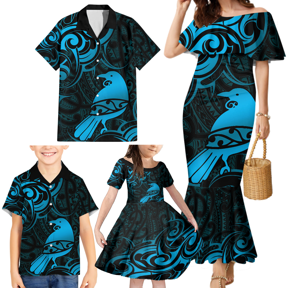 New Zealand Tui Bird Family Matching Mermaid Dress and Hawaiian Shirt Aotearoa Maori Pattern - Blue