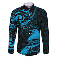 New Zealand Tui Bird Family Matching Mermaid Dress and Hawaiian Shirt Aotearoa Maori Pattern - Blue LT14 Dad's Shirt - Long Sleeve Blue - Polynesian Pride