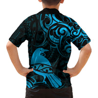 New Zealand Tui Bird Family Matching Off The Shoulder Long Sleeve Dress and Hawaiian Shirt Aotearoa Maori Pattern - Blue LT14 - Polynesian Pride