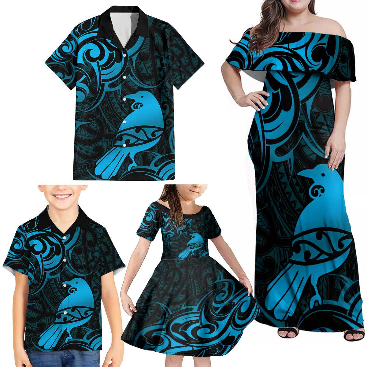 New Zealand Tui Bird Family Matching Off Shoulder Maxi Dress and Hawaiian Shirt Aotearoa Maori Pattern - Blue