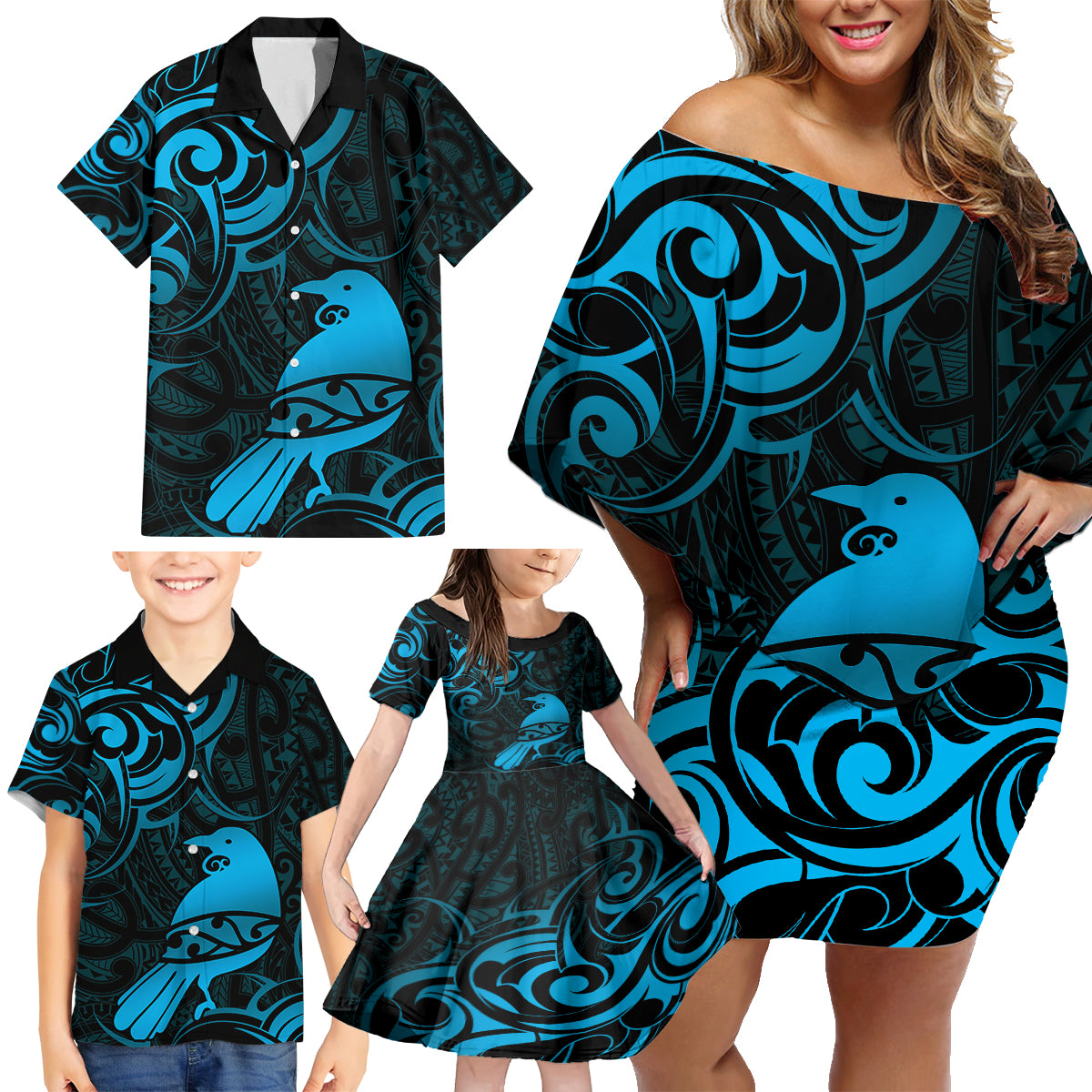 New Zealand Tui Bird Family Matching Off Shoulder Short Dress and Hawaiian Shirt Aotearoa Maori Pattern - Blue