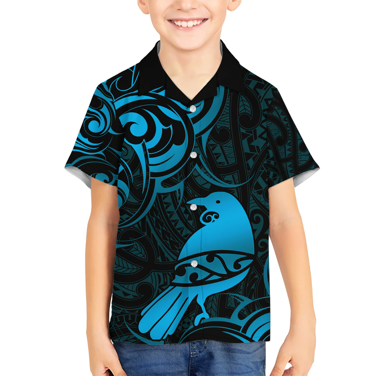 New Zealand Tui Bird Family Matching Short Sleeve Bodycon Dress and Hawaiian Shirt Aotearoa Maori Pattern - Blue