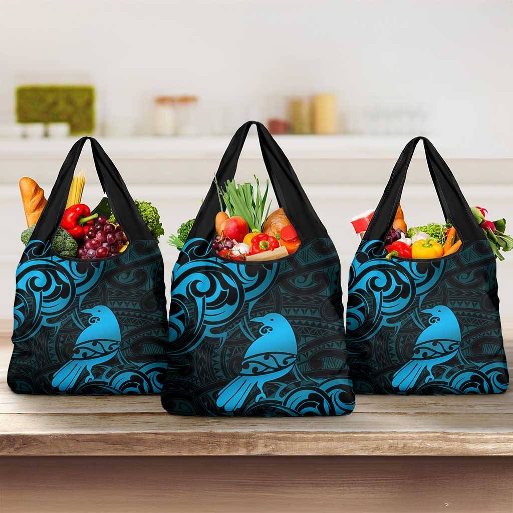 New Zealand Tui Bird Grocery Bag Aotearoa Maori Pattern - Blue LT14 3-pack One Size Blue - Polynesian Pride