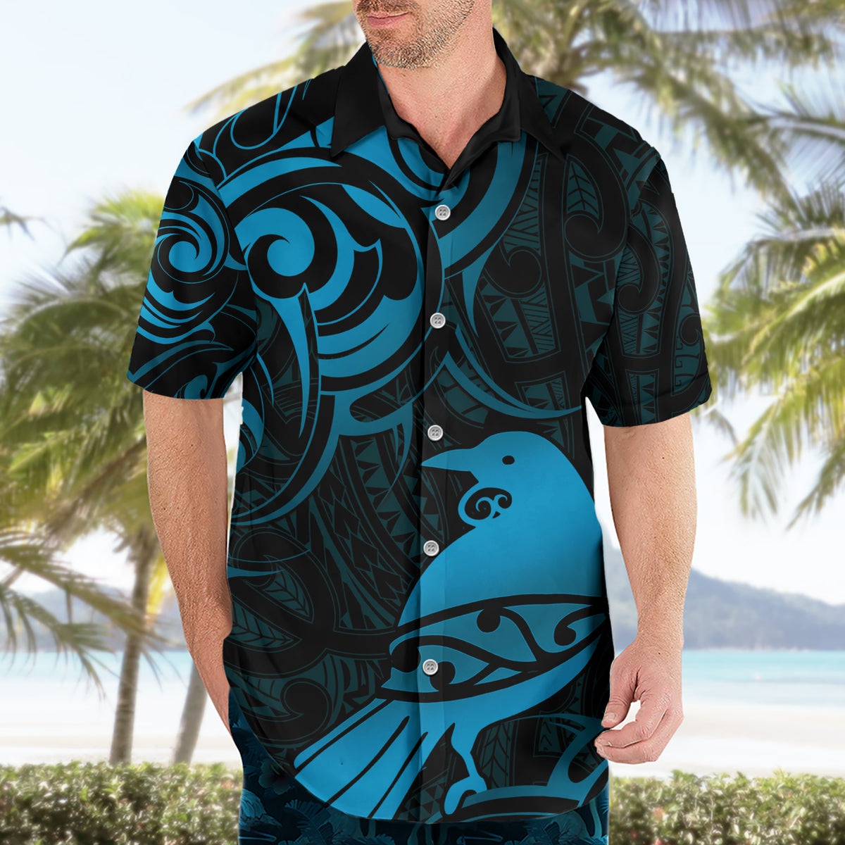 New Zealand Tui Bird Hawaiian Shirt Aotearoa Maori Pattern - Blue