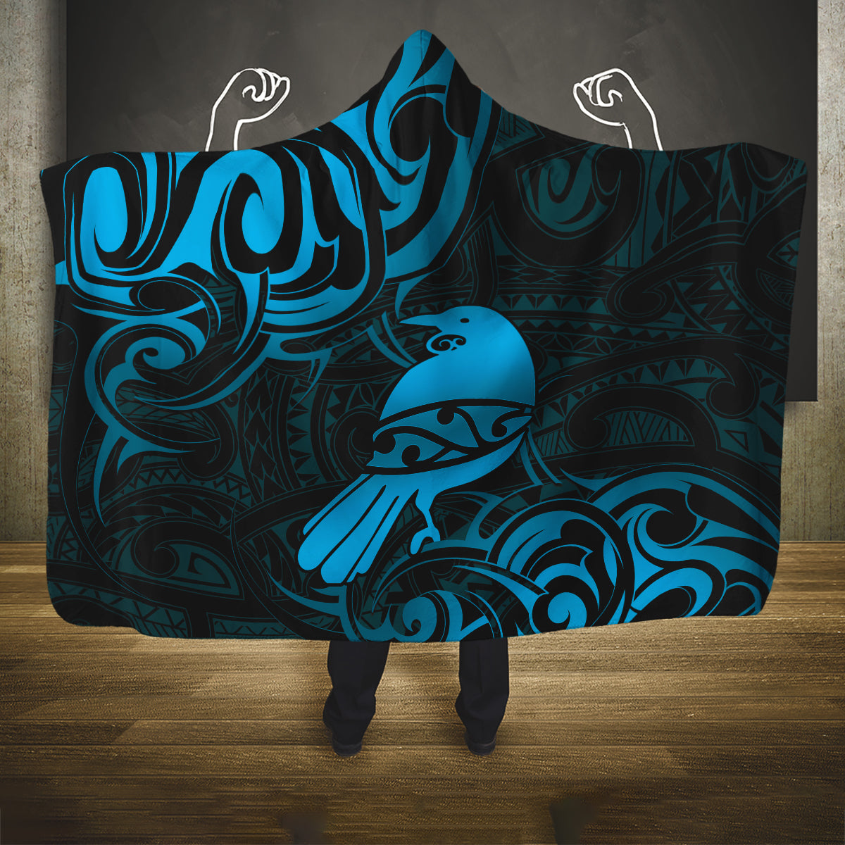 New Zealand Tui Bird Hooded Blanket Aotearoa Maori Pattern - Blue LT14 One Size Blue - Polynesian Pride
