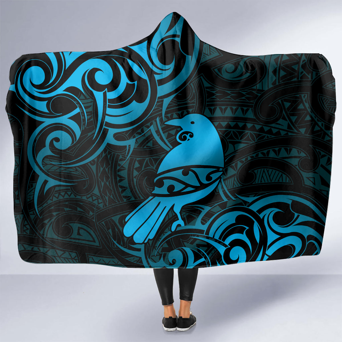 New Zealand Tui Bird Hooded Blanket Aotearoa Maori Pattern - Blue LT14 - Polynesian Pride