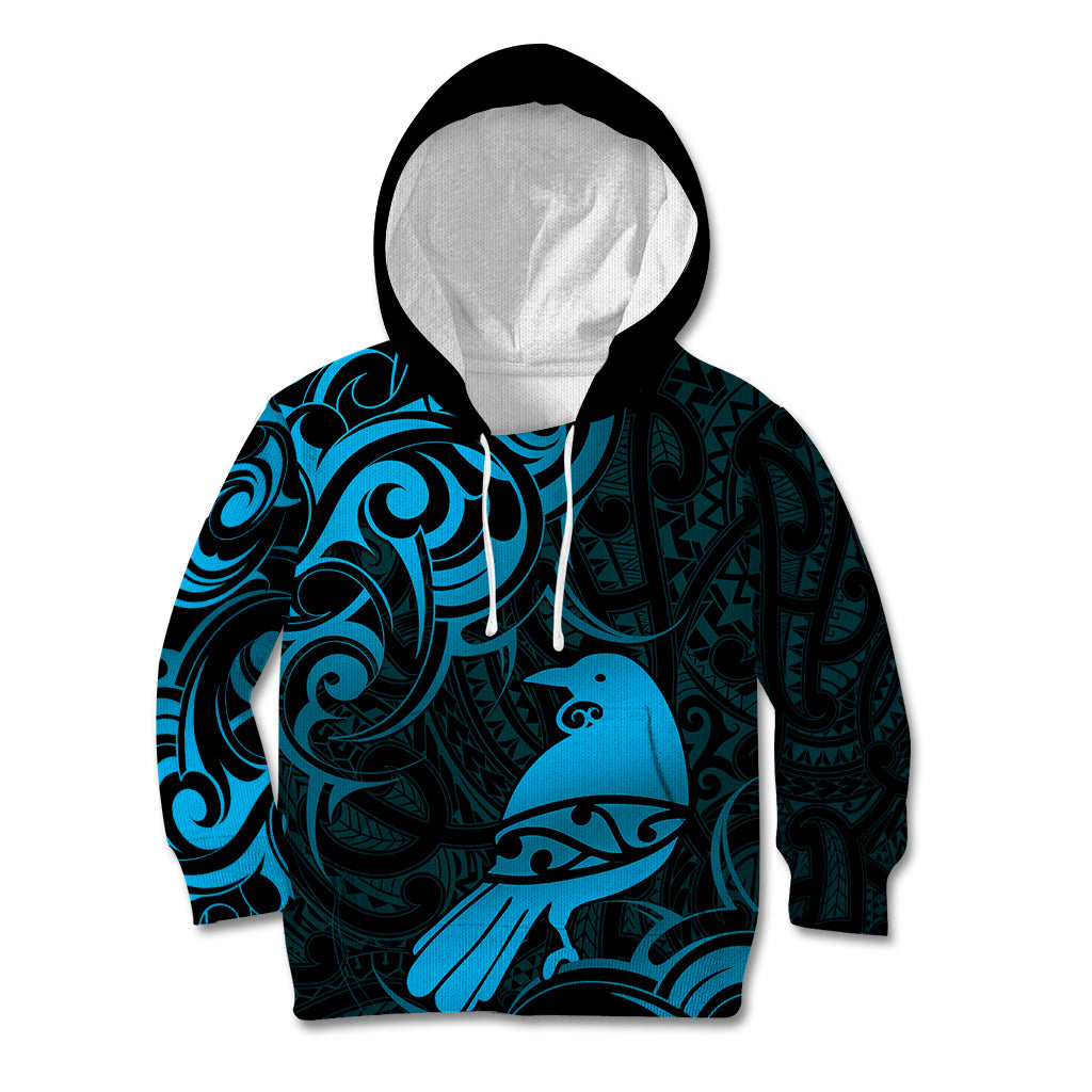 New Zealand Tui Bird Kid Hoodie Aotearoa Maori Pattern - Blue LT14