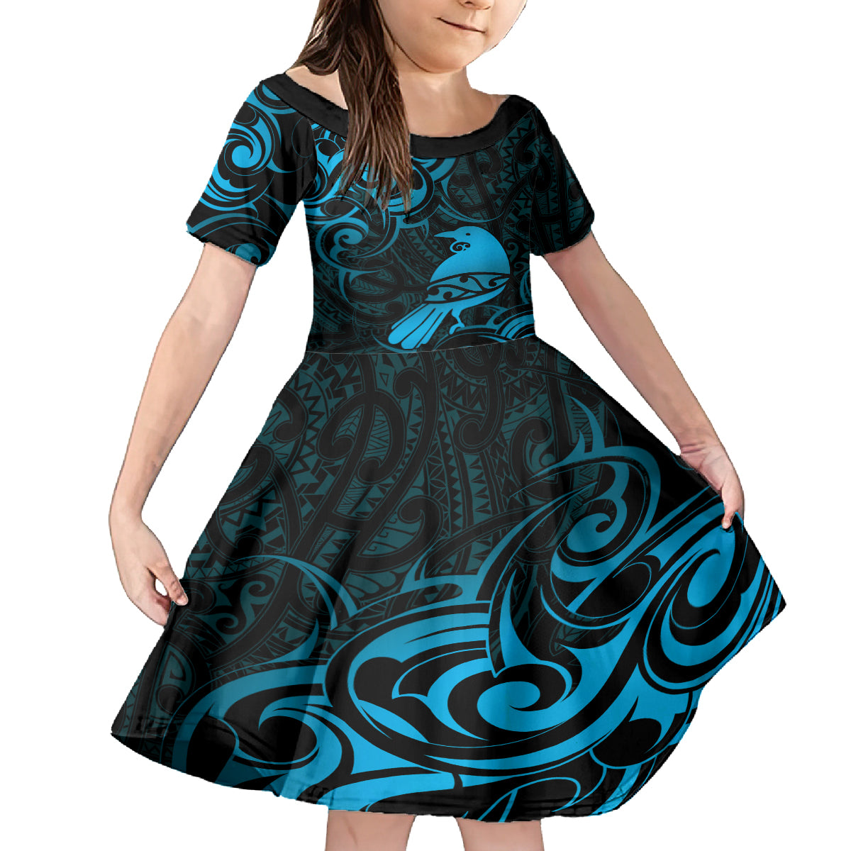 New Zealand Tui Bird Kid Short Sleeve Dress Aotearoa Maori Pattern - Blue