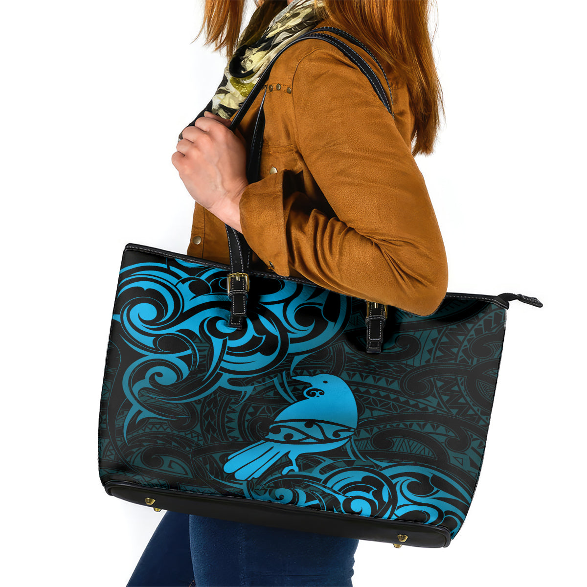 New Zealand Tui Bird Leather Tote Bag Aotearoa Maori Pattern - Blue LT14 Blue - Polynesian Pride