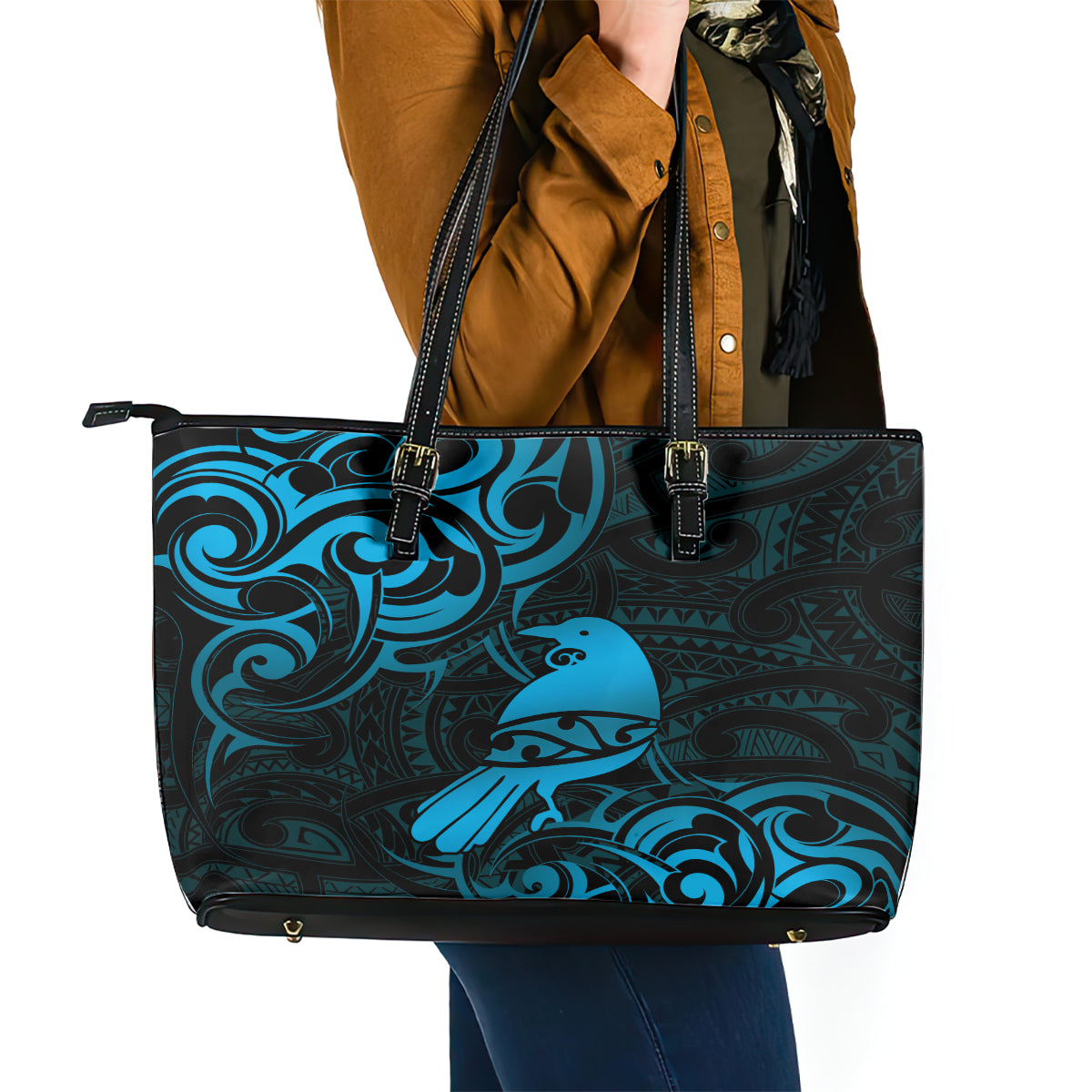 New Zealand Tui Bird Leather Tote Bag Aotearoa Maori Pattern - Blue LT14 - Polynesian Pride