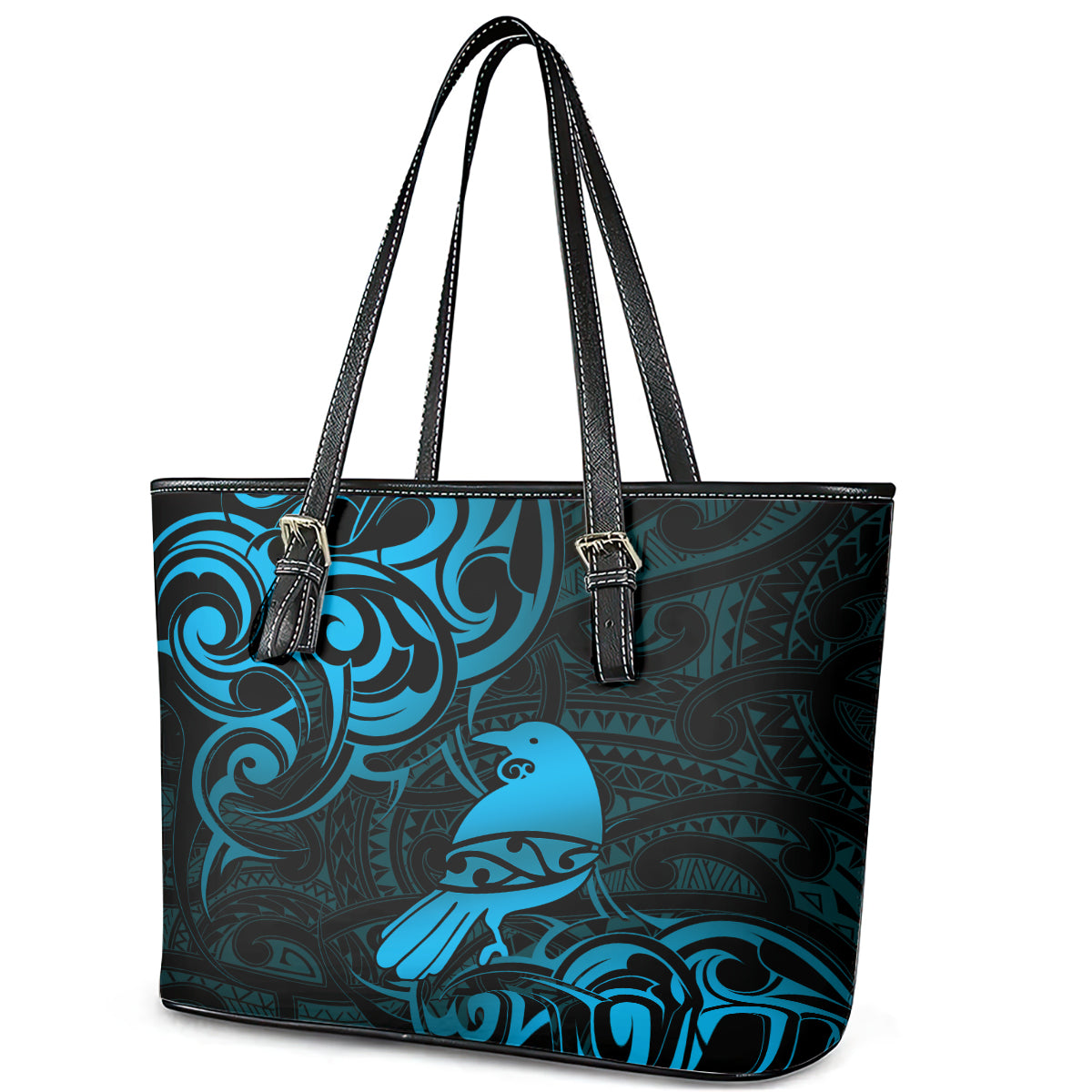 New Zealand Tui Bird Leather Tote Bag Aotearoa Maori Pattern - Blue LT14 - Polynesian Pride