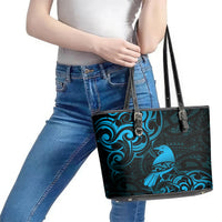 New Zealand Tui Bird Leather Tote Bag Aotearoa Maori Pattern - Blue LT14 - Polynesian Pride