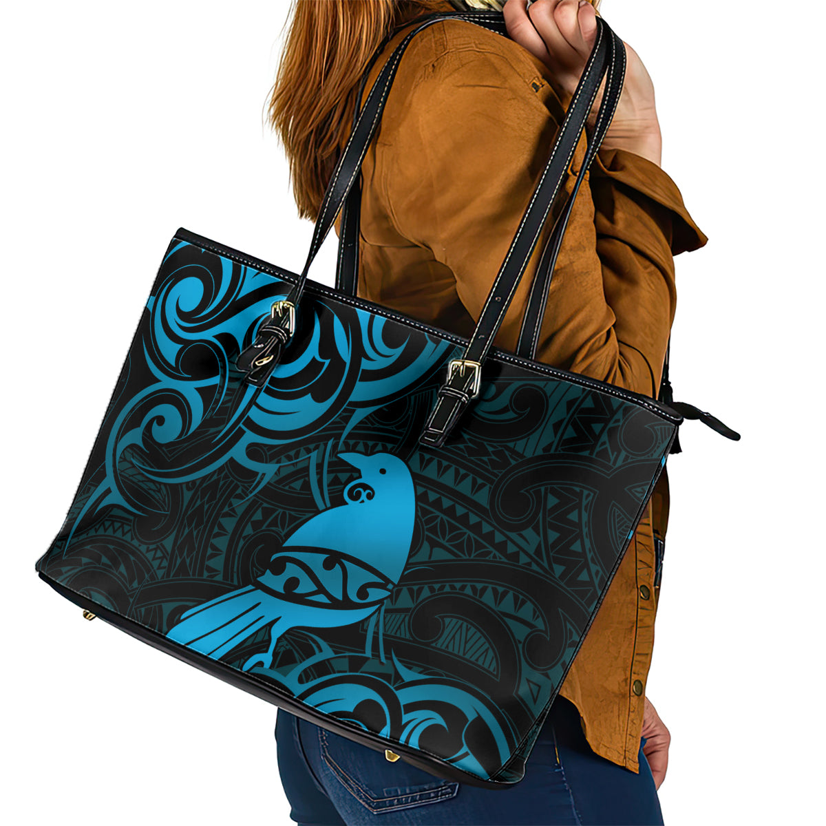 New Zealand Tui Bird Leather Tote Bag Aotearoa Maori Pattern - Blue LT14 - Polynesian Pride
