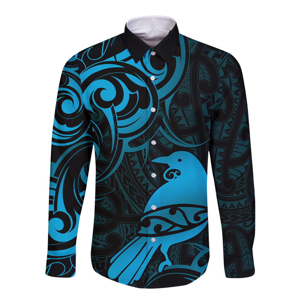 New Zealand Tui Bird Long Sleeve Button Shirt Aotearoa Maori Pattern - Blue