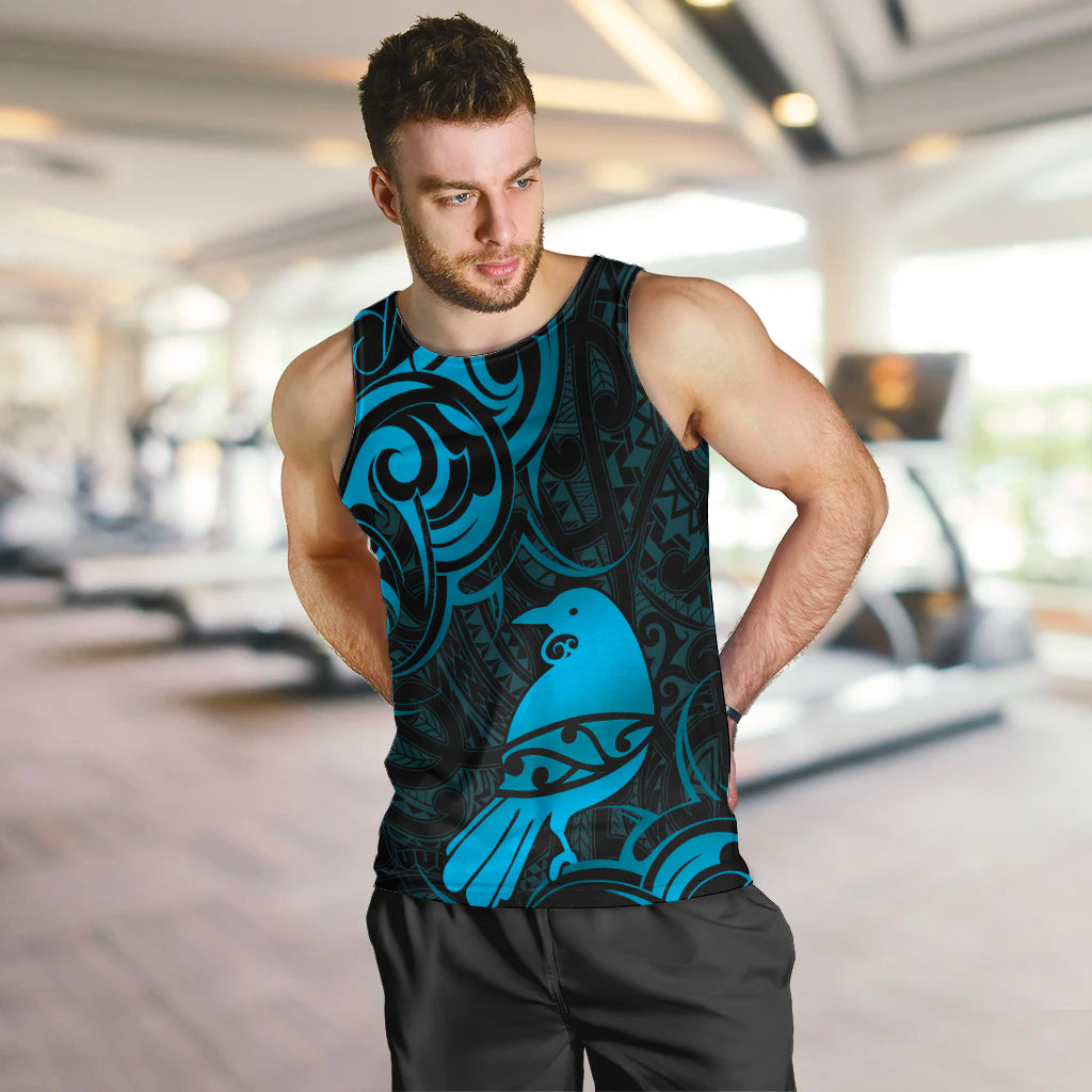 New Zealand Tui Bird Men Tank Top Aotearoa Maori Pattern - Blue LT14 Blue - Polynesian Pride
