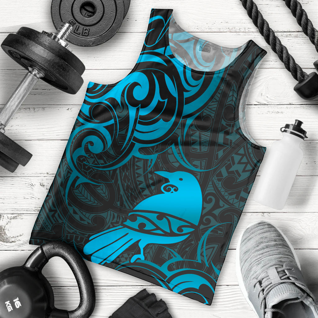 New Zealand Tui Bird Men Tank Top Aotearoa Maori Pattern - Blue LT14 - Polynesian Pride