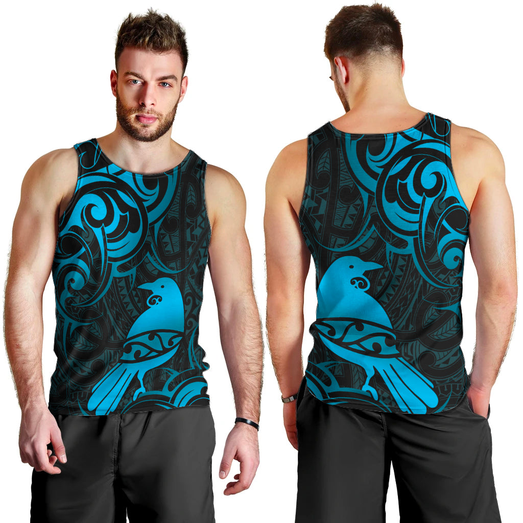 New Zealand Tui Bird Men Tank Top Aotearoa Maori Pattern - Blue LT14 - Polynesian Pride