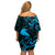 New Zealand Tui Bird Off Shoulder Short Dress Aotearoa Maori Pattern - Blue