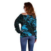 New Zealand Tui Bird Off Shoulder Sweater Aotearoa Maori Pattern - Blue