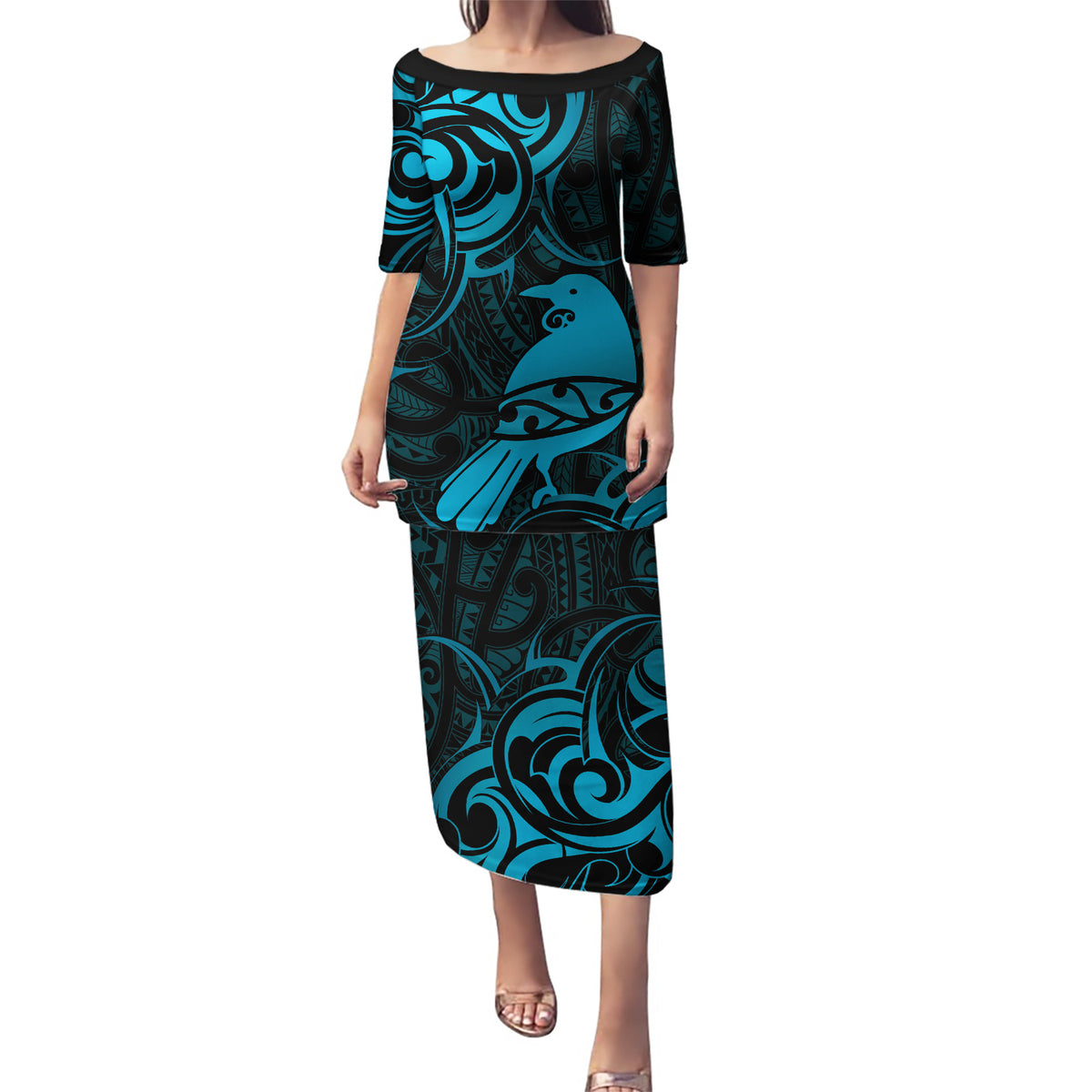 New Zealand Tui Bird Puletasi Aotearoa Maori Pattern - Blue LT14 Long Dress Blue - Polynesian Pride