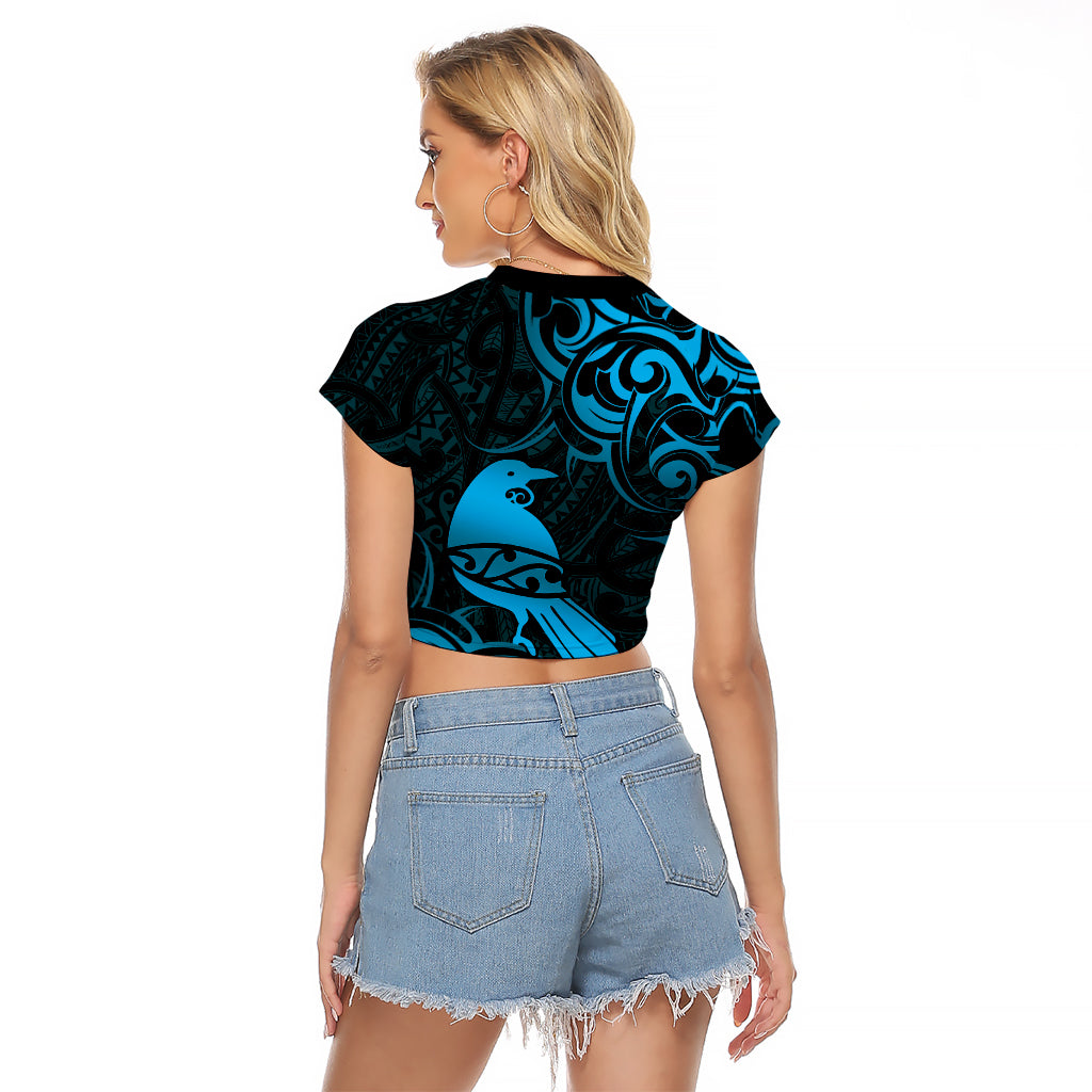 New Zealand Tui Bird Raglan Cropped T Shirt Aotearoa Maori Pattern - Blue