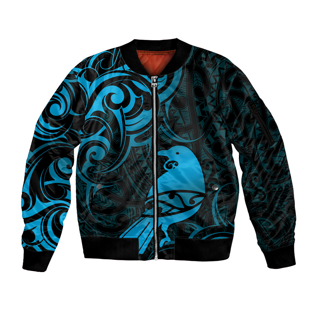 New Zealand Tui Bird Sleeve Zip Bomber Jacket Aotearoa Maori Pattern - Blue LT14 Unisex Blue - Polynesian Pride