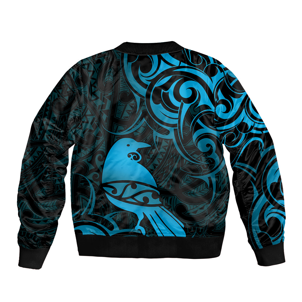 New Zealand Tui Bird Sleeve Zip Bomber Jacket Aotearoa Maori Pattern - Blue LT14 - Polynesian Pride