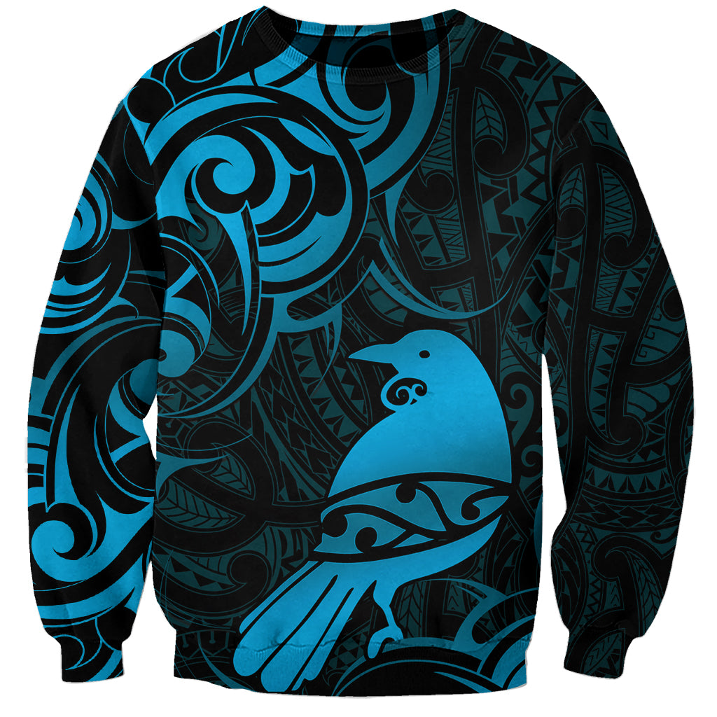 New Zealand Tui Bird Sweatshirt Aotearoa Maori Pattern - Blue