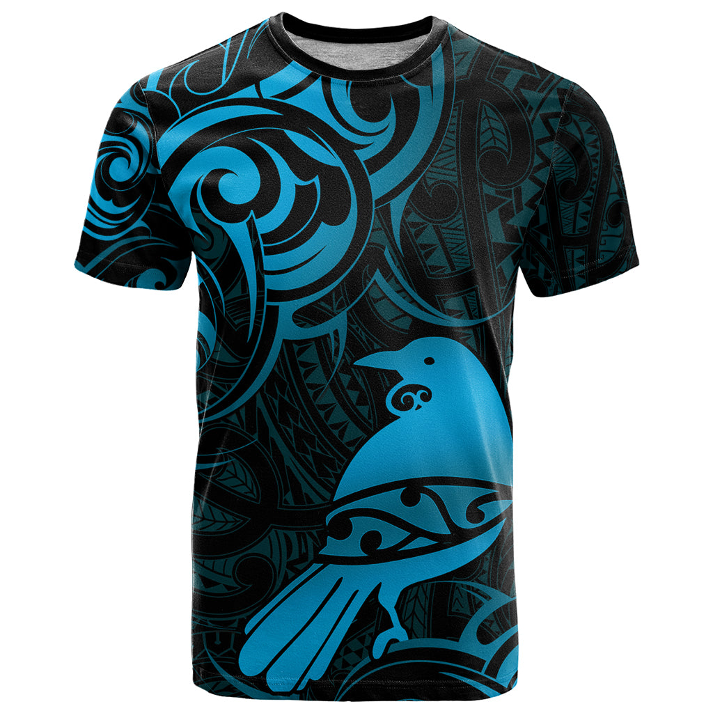 New Zealand Tui Bird T Shirt Aotearoa Maori Pattern - Blue